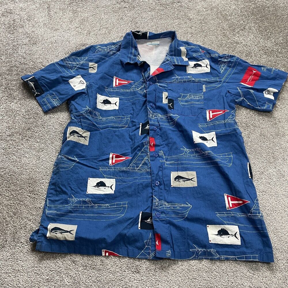 Columbia PFG Shirt Men XL Blue Patterned Button Down Short Sleeve Fishing Cotton